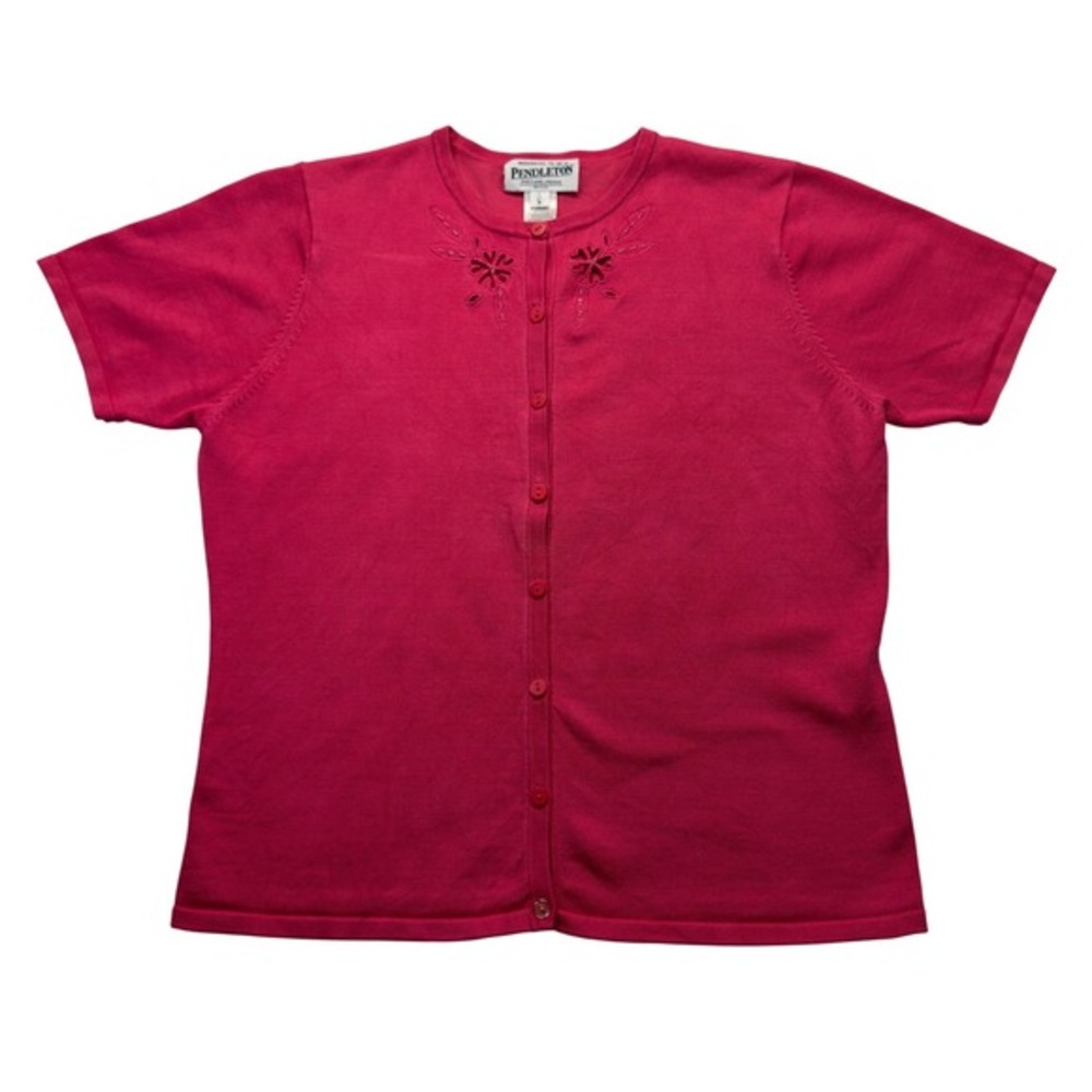 Pendleton Silk Blend Cardigan Womens‎ PL Pink Beaded Floral Short Sleeve